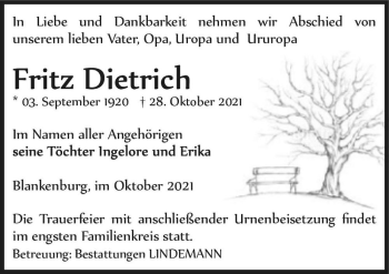 Traueranzeige von Fritz Dietrich  von Magdeburger Volksstimme