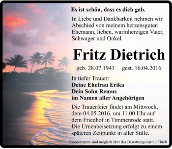 Traueranzeige von Fritz Dietrich  von Magdeburger Volksstimme