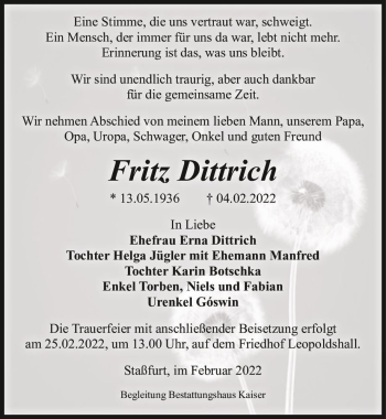 Traueranzeige von Fritz Dittrich  von Magdeburger Volksstimme