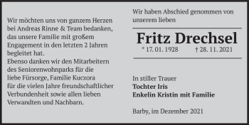 Traueranzeige von Fritz Drechsel  von Magdeburger Volksstimme