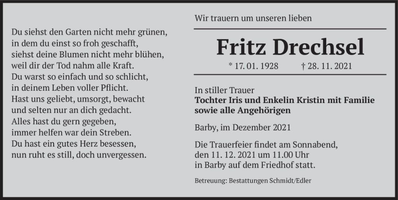  Traueranzeige für Fritz Drechsel  vom 04.12.2021 aus Magdeburger Volksstimme