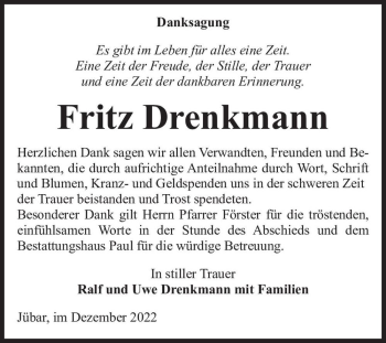 Traueranzeige von Fritz Drenkmann  von Magdeburger Volksstimme