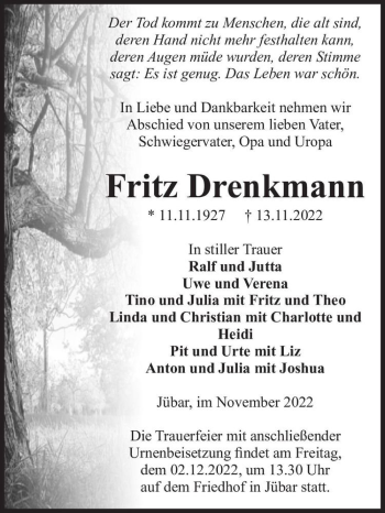 Traueranzeige von Fritz Drenkmann  von Magdeburger Volksstimme