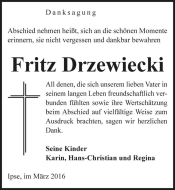 Traueranzeige von Fritz Drzewiecki  von Magdeburger Volksstimme