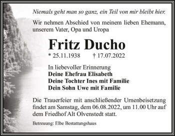 Traueranzeige von Fritz Ducho  von Magdeburger Volksstimme