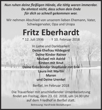 Traueranzeige von Fritz Eberhardt  von Magdeburger Volksstimme