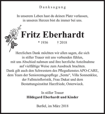 Traueranzeige von Fritz Eberhardt  von Magdeburger Volksstimme