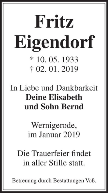 Traueranzeige von Fritz Eigendorf  von Magdeburger Volksstimme