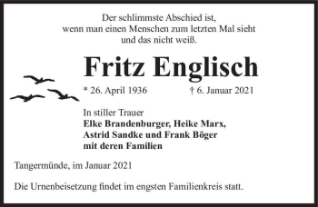 Traueranzeige von Fritz Englisch  von Magdeburger Volksstimme