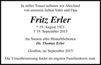 Traueranzeige von Fritz Erler  von Magdeburger Volksstimme