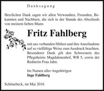 Traueranzeige von Fritz Fahlberg  von Magdeburger Volksstimme