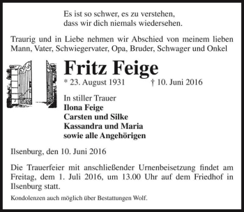 Traueranzeige von Fritz Feige  von Magdeburger Volksstimme