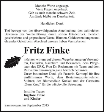 Traueranzeige von Fritz Finke  von Magdeburger Volksstimme