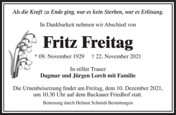 Traueranzeige von Fritz Freitag  von Magdeburger Volksstimme
