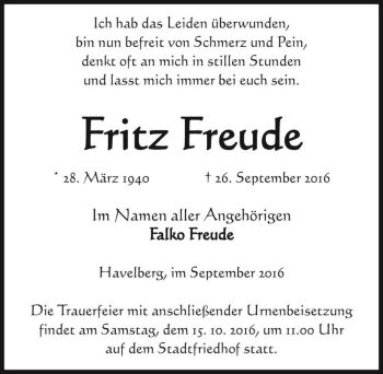 Traueranzeige von Fritz Freude  von Magdeburger Volksstimme