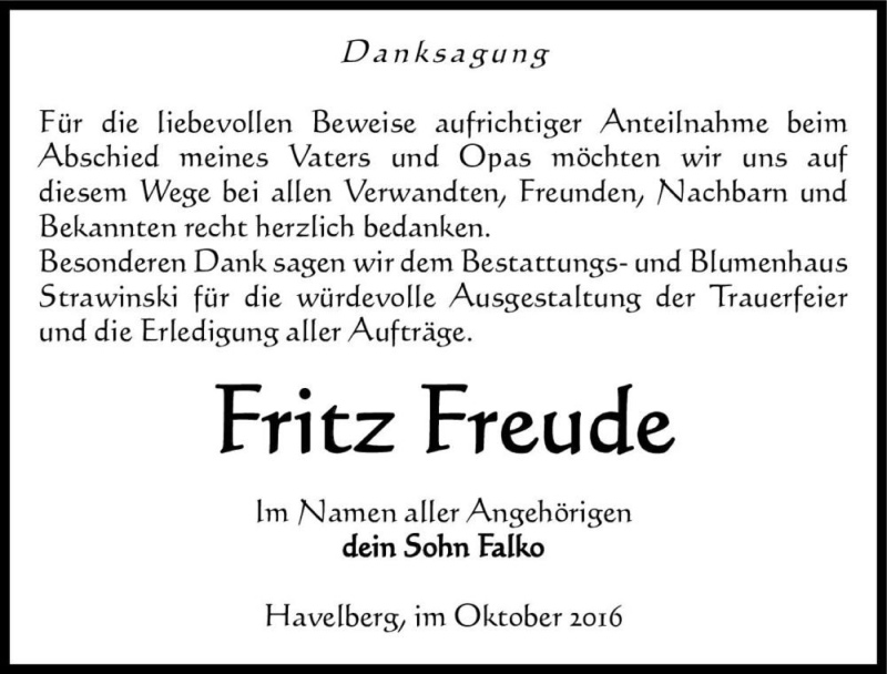  Traueranzeige für Fritz Freude  vom 05.11.2016 aus Magdeburger Volksstimme