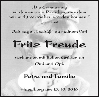 Traueranzeige von Fritz Freude  von Magdeburger Volksstimme
