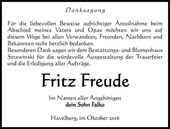 Traueranzeige von Fritz Freude  von Magdeburger Volksstimme