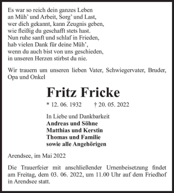 Traueranzeige von Fritz Fricke  von Magdeburger Volksstimme
