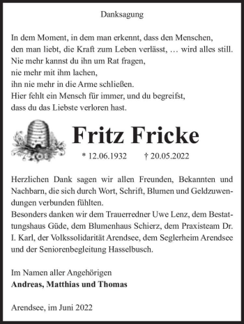Traueranzeige von Fritz Fricke  von Magdeburger Volksstimme