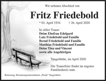 Traueranzeige von Fritz Friedebold  von Magdeburger Volksstimme