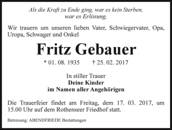 Traueranzeige von Fritz Gebauer  von Magdeburger Volksstimme