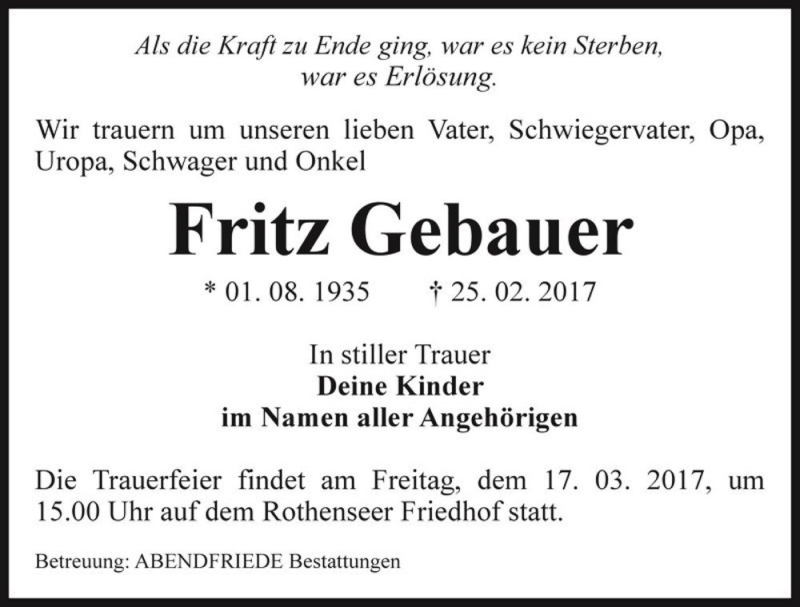  Traueranzeige für Fritz Gebauer  vom 04.03.2017 aus Magdeburger Volksstimme