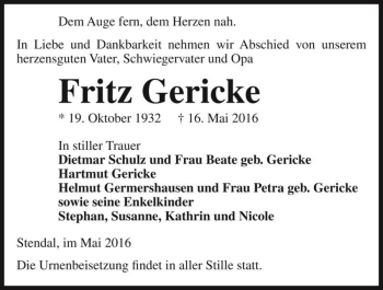 Traueranzeige von Fritz Gericke  von Magdeburger Volksstimme