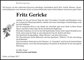 Traueranzeige von Fritz Gericke  von Magdeburger Volksstimme