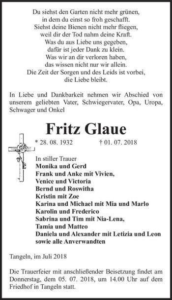 Traueranzeige von Fritz Glaue  von Magdeburger Volksstimme