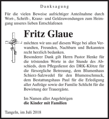 Traueranzeige von Fritz Glaue  von Magdeburger Volksstimme
