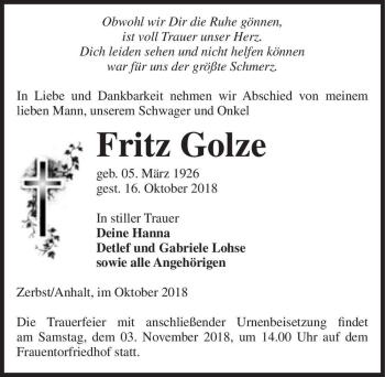 Traueranzeige von Fritz Golze  von Magdeburger Volksstimme