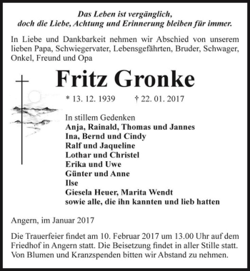 Traueranzeige von Fritz Gronke  von Magdeburger Volksstimme
