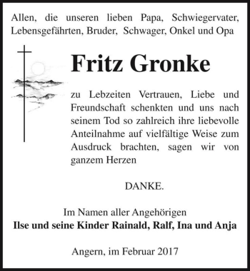 Traueranzeige von Fritz Gronke  von Magdeburger Volksstimme