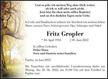 Traueranzeige von Fritz Gropler  von Magdeburger Volksstimme