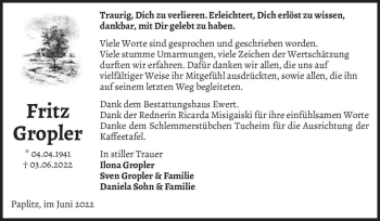 Traueranzeige von Fritz Gropler  von Magdeburger Volksstimme