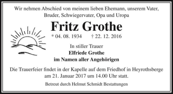 Traueranzeige von Fritz Grothe  von Magdeburger Volksstimme