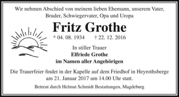 Traueranzeige von Fritz Grothe  von Magdeburger Volksstimme