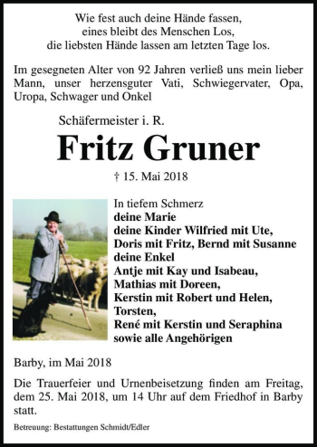 Traueranzeige von Fritz Gruner  von Magdeburger Volksstimme