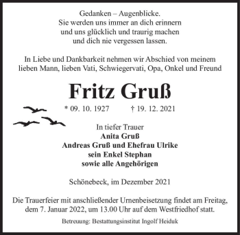 Traueranzeige von Fritz Gruß  von Magdeburger Volksstimme