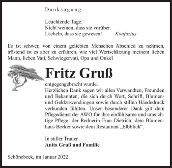 Traueranzeige von Fritz Gruß  von Magdeburger Volksstimme