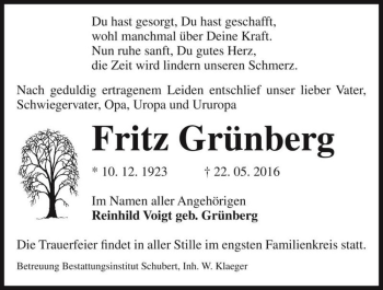 Traueranzeige von Fritz Grünberg  von Magdeburger Volksstimme