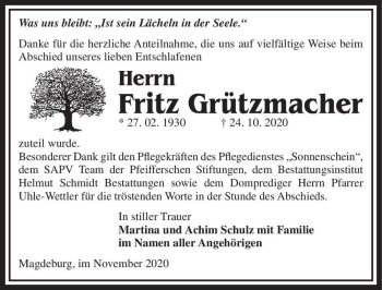 Traueranzeige von Fritz Grützmacher  von Magdeburger Volksstimme
