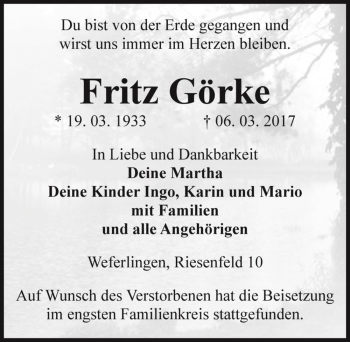 Traueranzeige von Fritz Görke  von Magdeburger Volksstimme