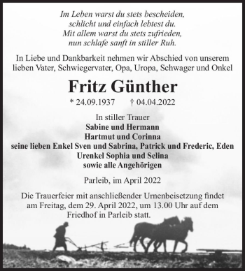 Traueranzeige von Fritz Günther  von Magdeburger Volksstimme