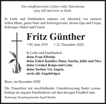 Traueranzeige von Fritz Günther  von Magdeburger Volksstimme