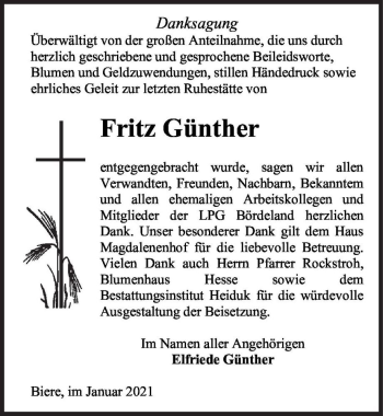 Traueranzeige von Fritz Günther  von Magdeburger Volksstimme