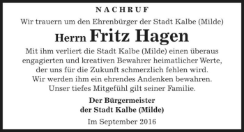 Traueranzeige von Fritz Hagen  von Magdeburger Volksstimme