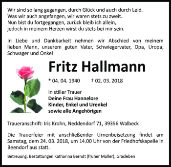 Traueranzeige von Fritz Hallmann  von Magdeburger Volksstimme