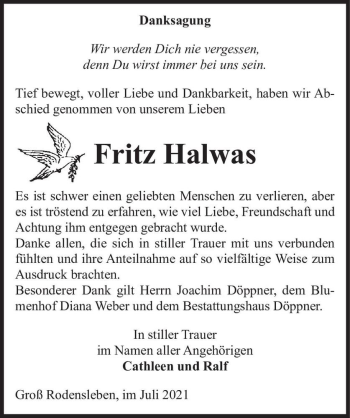Traueranzeige von Fritz Halwas  von Magdeburger Volksstimme